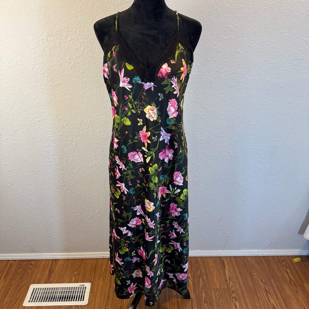 INC International Concepts Black Floral Slip Chemise with Pink & Green Accents